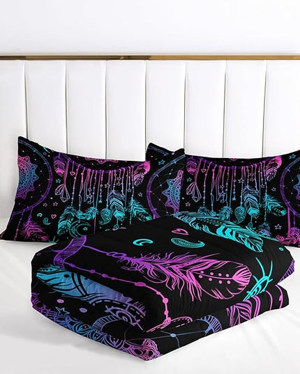 AILONEN Dreamcatcher Comforter Set Twin Size, Purple Feather Print Duvet Set,Bohemian Mandala Bedding Set for Boys Girls,Galaxy Dream Catcher Duvet Set 3 Pieces, 1 Quilt and 2 Pillowcases