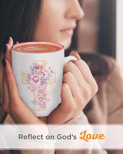 Christian Art Gifts Encouraging Ceramic Coffee & Tea Mug for Women: Rosy Pink Floral Cross, Microwave & Dishwasher Safe Cup, Cute Lead-free Inspirational Encouraging Novelty Drinkware, White, 12 oz.