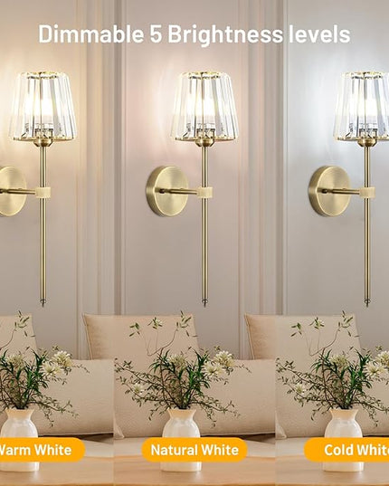 Crystal Battery Operated Wall Sconces Set of 2, Brass Rechargeable Wireless Wall Lights with Crystal Lampshade, 12 RGB and 3CCT Dimmable Wall Lamp with Remote for Bedroom Living Room Hallway