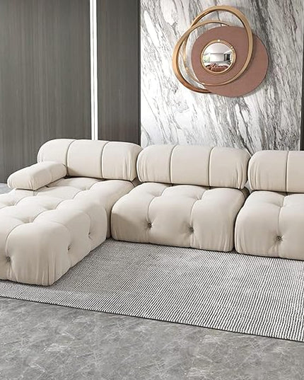 JACH L-Shaped Sectional Couch, 104'' Minimalist Velvet Floor Sofas Couches, Mid-Century Modular Sectional Sofa with Reversible Chaise Ottoman for Living Room, Apartment (3-Seat, 1 Ottoman, Beige)