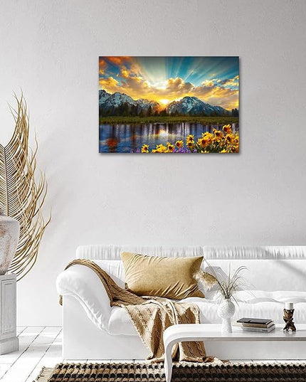 SKASNFAI Grand Teton National Park Wall Art Sunflower Landscape Canvas Mountain Artwork Landscape Print for Living Room Framed (12x16 inch)