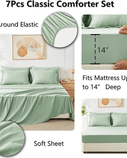 CozyLux King Size Comforter Set Sage Green - 7 Pieces Bed in a Bag King, Luxury Soft Bed Set for All Seasons, Bedding Set with Down Alternative Comforter, Sheets, Pillowcases & Shams