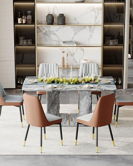 Dinner Table Set for 6, 7 Piece Dining Table Set with Chairs, 63" Faux Marble Modern Table with 6 PU Leather Upholstered Chairs, for Kitchen & Dining Room