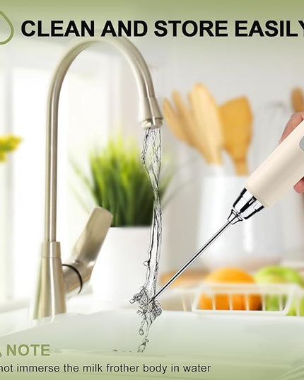 YUSWKO Beige Handheld Milk Frother Wand with Stand for Coffee, Rechargeable Electric Whisk with 3 Heads 3 Speeds Drink Mixer Coffee Frother For Latte, Cappuccino, Hot Chocolate, Egg