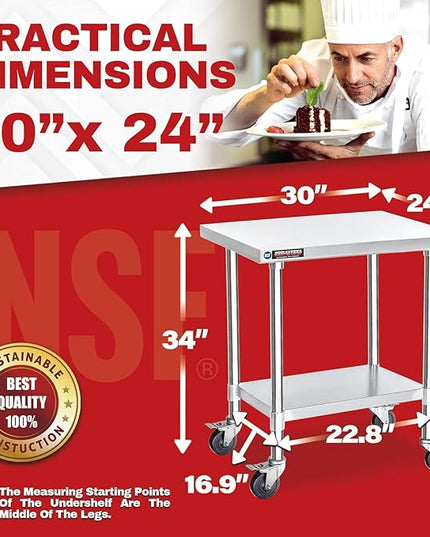 DuraSteel 30x24 NSF Stainless Steel Cart Work Table - Heavy Duty Rolling Food Prep Table - Metal Utility Cart on Wheels Caster, Grill Stand Microwave Outdoor Kitchen Tables Countertop Island Large Top