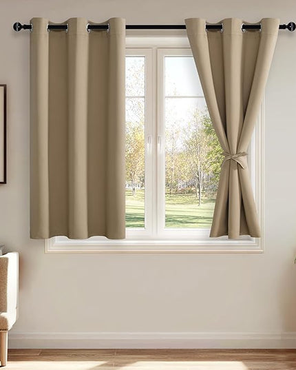 JIUZHEN Blackout Curtains with Tiebacks - Thermal Insulated, Light Blocking and Noise Reducing Grommet Curtains for Bedroom and Living Room, Set of 2 Window Curtain Panels, 42 x 54 Inch Length，Camel