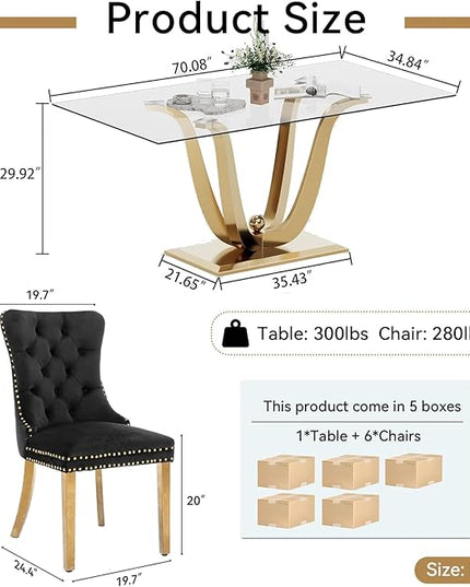 HomVent 70'' Glass Dining Table Set for 6, Modern Rectangle Kitchen Table Set for 6, Glass Dinner Table and Chairs Set for 6 for Living Room,Kitchen
