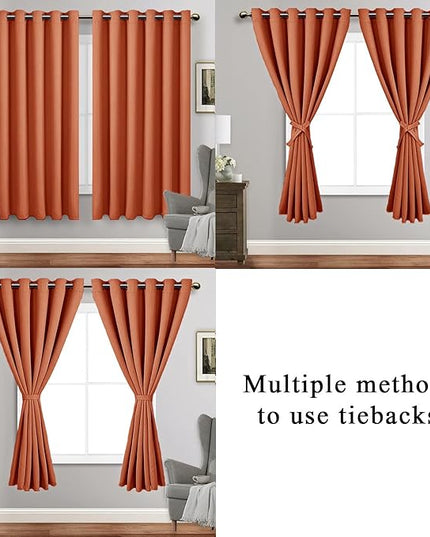 JIUZHEN Caramel Blackout Curtains with Tiebacks Thermal Insulated, Light Blocking and Noise Reducing Grommet Curtains for Bedroom and Living Room, Set of 2 Window Curtain Panels, 70 x 63 Inch Length