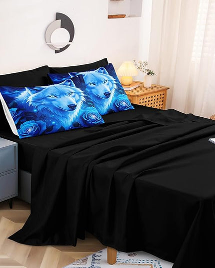 Bedbay Wolf Comforter Set Queen Size Rose Floral Bedding Set Blue Galaxy Sky Wolf Print Queen Bed in a Bag Set Boys Teen Room Decor Wild Animal Bedding Comforter Set with Sheets (Wolf,Queen)
