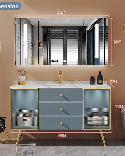 40IN Bathroom Vanity - Bathroom Vanity with Sink Set with Transparent Glass Cabinet Door, Mirror Cabinet Intelligent Demisting & LED Lights | Gold Bathroom Vanity Cabinet with Copper Faucet