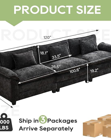 120" Modular Sectional Sofa, Comfy Cloud Couch Sectional Sofa, Chenille Sofa Sleeper Deep Seat Sofa with Throw Pillows for Living Room (Black, 120"- 3 Seater)