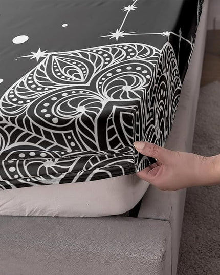 AILONEN Sun and Moon Fitted Sheet Queen Size, Boho Hippie Style Bedding Sheet,Starry Night with Astrology Pattern Sheet Set for Boys Girls,1 Fitted Sheet 2 Pillowcases,3 PCS,Perfect for Adult Rooms