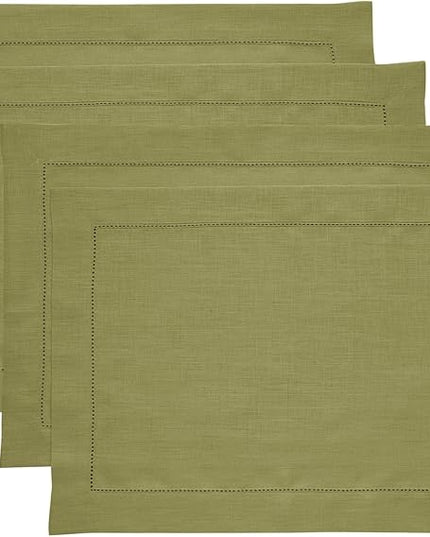 Solino Home Linen Placemats Set of 4 - Classic Hemstitch Avocado Green Placemats 14 x 19 Inch - 100% Pure Linen Table Mats for Winter