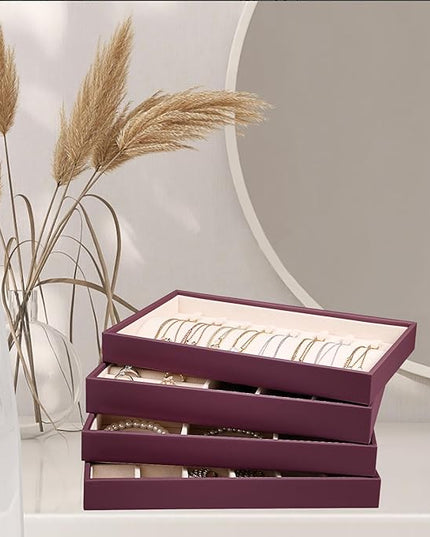 LANDICI Stackable Jewelry Organizer Trays 4 Set,PU Leather Jewelry Organizer Drawer,Jewelry Storage Display Tray for Earring Necklace Rings Bracelet with Removable Dividers,Purple