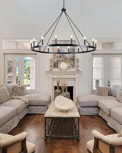 16-Lights Wagon Wheel Chandelier 47 Inch Black Chandelier Light Fixture Farmhouse Chandeliers for Living Room Foyer Chandeliers for High Ceilings Round Pendant Light for Dining Room Entryway
