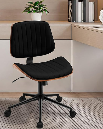 Armless Desk Chair with 360°Swivel Wheels, Ergonomic Adjustable Height Computer Chair for Home Office,PU Leather with Modern Walnut Drafting Chairs for Office, Reading Nook(Black)