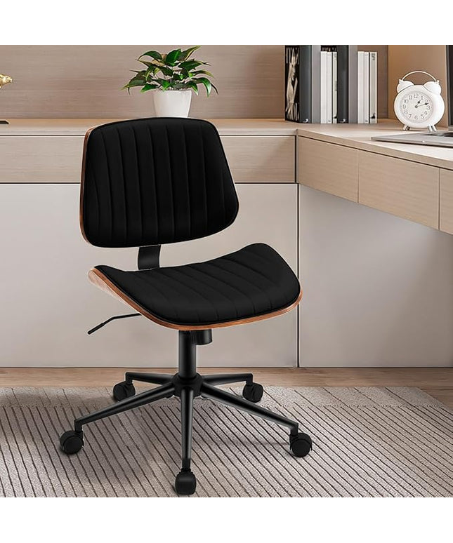 Armless Desk Chair with 360°Swivel Wheels, Ergonomic Adjustable Height Computer Chair for Home Office,PU Leather with Modern Walnut Drafting Chairs for Office, Reading Nook(Black)