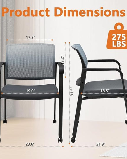 CLATINA Mesh Back Stacking Arm Chairs with Upholstered Fabric Seat and Ergonomic Lumbar Support for Office School Church Guest Reception (WithWheels Gray- 8 Pack)