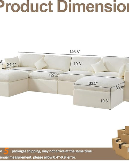 155''Cloud Boneless Sectional Couch, Modular Sectional Sofa Deep Seat with 2 Ottomans, Oversized Upholstered Convertible Comfy 6 Seater Chenille Sofa U Shape Couches for Living Room, Beige
