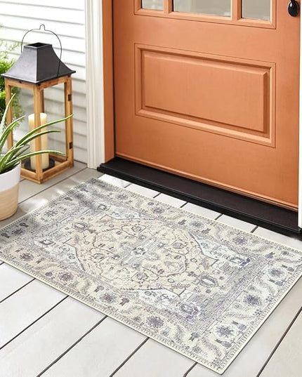 GLN Rugs Bohemian Collection - Machine Washable Area Rug, Bohemian Vintage, Non Slip, Low Pile Chenille Rug, Living Room, Bedroom, Bathroom Rug (2'x3' Beige and Gray)