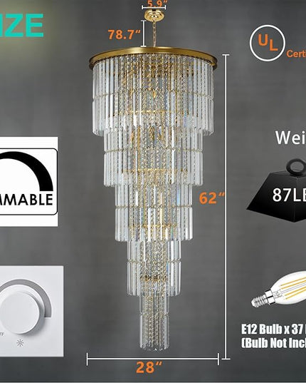 62'' Long Crystal Chandelier for High Ceiling, 37-Light Modern Large Brass Chandeliers for Foyer Entryway Staircase Living Room Dining Room