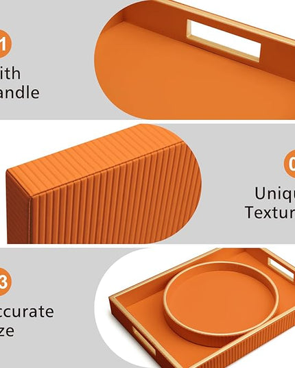 SANZIE Leather Tray Desktop Storage Organizer Premium Serving Tray Decorative Tray Valet Tray for Sundries Cosmetics Phone Wallet Cutlery, Rectangular, Orange