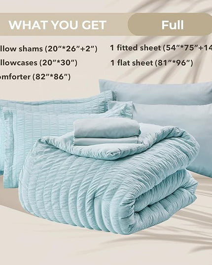 HYMOKEGE Lake Blue Full Size Comforter Sets Seersucker 7 Pieces, All Season Luxury Bed in a Bag for Bedroom, Bedding Set with Comforters, Sheets, Pillowcases & Shams