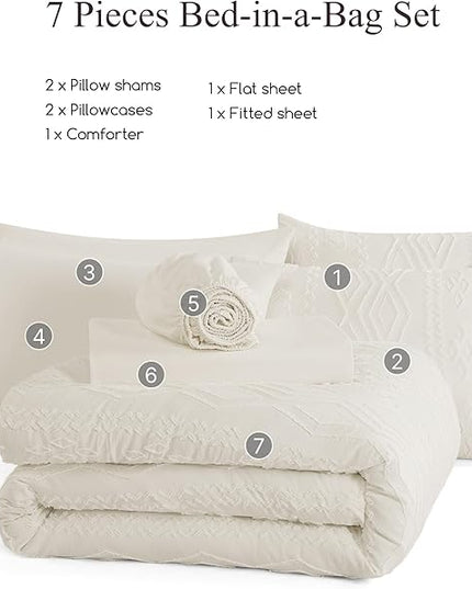 Full Size Comforter Set White, Tufted Boho Bedding Farmhouse Bed Set, All Season 7 Pieces Bed in a Bag with Sheets, Pillowcases & Shams