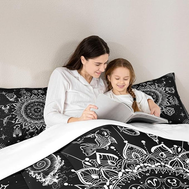 Sun and Moon Kids Comforter Set King Size,Starry Sky Galaxy Planet Trippy Bedding Set,Boys Girls Adults Room Decor,12 Constellation Datura Boho Down Comforter,Black White Duvet Insert,2 Pillowcases