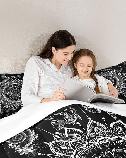 Sun and Moon Kids Comforter Set Twin Size,Starry Sky Galaxy Planet Trippy Bedding Set,Boys Girls Adults Room Decor,12 Constellation Datura Boho Down Comforter,Black White Duvet Insert,1 Pillowcase