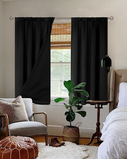 BGment Black Blackout Curtains for Bedroom 45 Inch Length, Rod Pocket 100% Blackout Curtains with Thermal Liner Light Blocking Curtains for Living Room, Each Window Curtains 2 Panels, 42 x 45 Inch