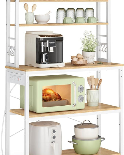 VASAGLE Bakers Rack with Power Outlet, 31.5 Inches Coffee Bar for Kitchen with Storage, 6-Tier Kitchen Shelves with 6 Hooks, Microwave Stand, Modern, Golden Oak and Cloud White UKKS119Y01