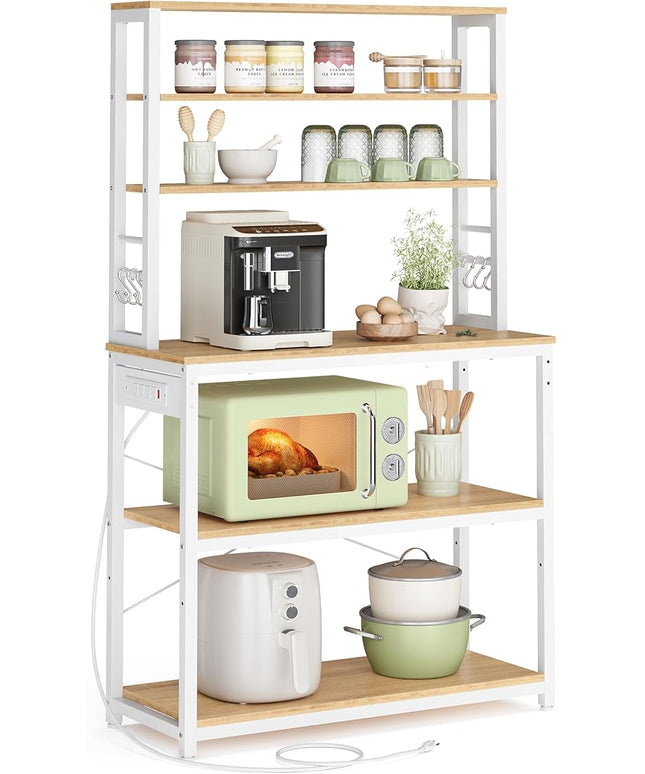VASAGLE Bakers Rack with Power Outlet, 31.5 Inches Coffee Bar for Kitchen with Storage, 6-Tier Kitchen Shelves with 6 Hooks, Microwave Stand, Modern, Golden Oak and Cloud White UKKS119Y01