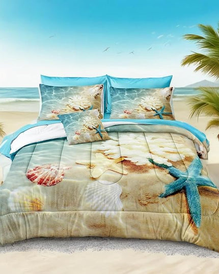 Bedbay Coastal Bedding California King Comforter Set 8 Pieces Beach Themed Bedding Set Soft Microfiber Ocean Beach Comforter Bed in a Bag Set California King Bedding Set(Ocean,Cal-King)