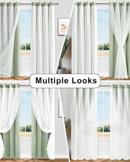 Hiasan Blackout Curtains with Sheer Overlay, Grommet Thermal Insulated Privacy Mix and Match Double Layer Window Curtains for Bedroom, Living Room, 2 Drape Panels with Tiebacks, Seafoam, 52W X 63L