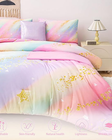Rainbow Bedding Set Twin Size – 6-Piece Reversible Girls Comforter with Deep-Pocket Sheet, Gradient Galaxy Design, Whole-Piece Filling, Machine Washable Bed-in-a-Bag for Kids Room Makeover & Gifts
