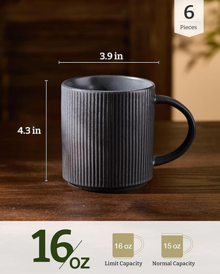 famiware Coffee Mug Set for 6, Star 16 oz Catering Mugs Cup Set with Handle for Coffee, Tea, Cocoa, Milk - Ceramic Stoneware Drinkware Set, Matte Dark Charcoal