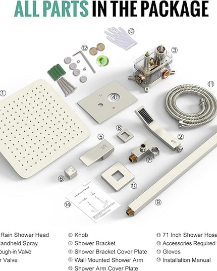 SR SUN RISE 12 Inches Bathroom Luxury Rain Mixer Shower Combo Set Wall Mounted Rainfall Shower Head System Brushed Nickel Finish Shower Faucet Rough-In