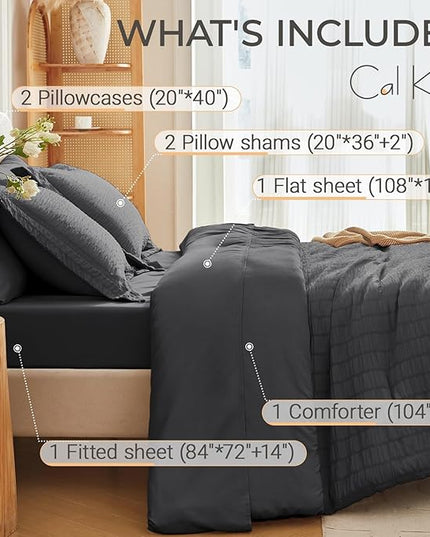 MUXHOMO 7 Pieces California King Comforter Set, Seersucker Bed in a Bag Cal King Size, All Season Luxury Bedding Set with Comforter, Flat Sheet, Fitted Sheet, Pillowcases & Shams, Dark Grey