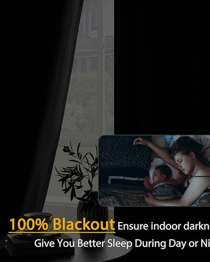 100% Blackout Linen Textured Curtains 108 Inch Length 2 Panels Set for Living Room, Bedroom, Light Weight Curtains with Grommets Top, Full Blackout Curtains Privacy Protection, Black, 52" W x 108" L