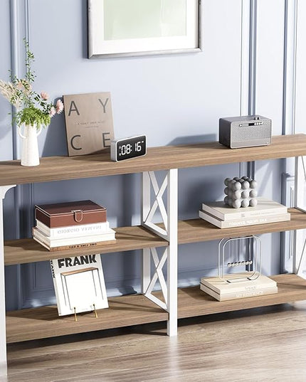 IBF Farmhouse Entryway Table, Wood TV Console Table, Long Rustic Metal Sofa Table, Industrial Hallway Table with Storage Shelves, Modern Foyer Tables for Front Entry Way, White and Rustic Oak, 55 in