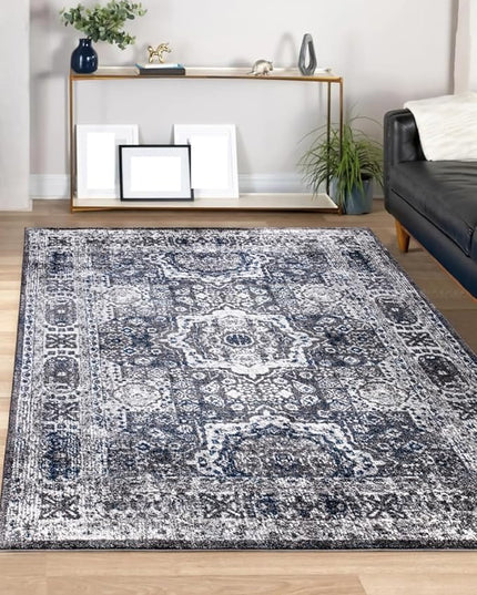 Keen Home Design Area Rugs - Non-Shedding, Thick Pile Abstract Rugs for Kitchen, Living Room, Bedroom, Dining Room, Entryway (Medallion Grey/Blue/Cream, 7'3'' x 10'2'')