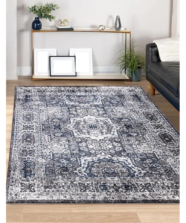 Keen Home Design Area Rugs - Non-Shedding, Thick Pile Abstract Rugs for Kitchen, Living Room, Bedroom, Dining Room, Entryway (Medallion Grey/Blue/Cream, 7'3'' x 10'2'')