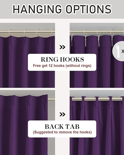 DONREN Royal Purple Pinch Pleated Blackout Curtains with Hooks - 72 inch Length Room Darkening Thermal Insulated Window Curtain Drapes for Living Room Bedroom Set of 2 Panels 40" Wx72 L