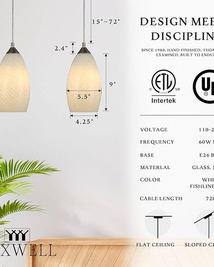 Pendant Lighting, Modern White Fishline Handblown Glass, 4.25" x 9" Tall, Oval Art Shade Hanging Light, Brushed Nickel Hardware for Kitchen, Dining Room, Foyer Decor 4.7" Shade (1 Pack)