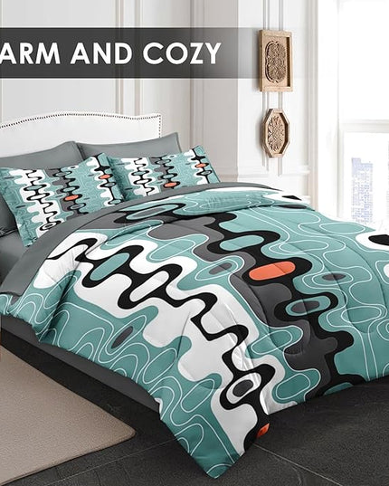 Comforter Set King Size, Mid Century Retro Stripe 7 Pcs Bedding for Kids and Adults, Vintage Geometric Cool Bed Sheet Sets with Fitted Sheet 2 Pillowcases & 2 Shams for Bedroom Bed Decor