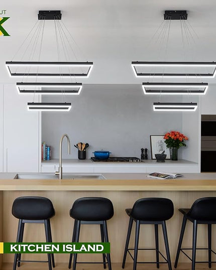 3 Rings Modern LED Chandelier Black 31.5inch Rectangle Dimmable LED Pendant Light with Remote Control 3 Tier Flush Mount High Ceiling Light for Dining Living Room Foyer(3000K-6500K, H71)
