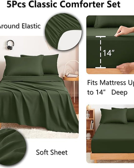 CozyLux Twin XL Comforter Set Olive Green - 5 Pieces Twin Extra Long Bed in a Bag for College Dorm, All Season Bedding Set for Girls and Boys, Soft Bed Set with Comforter, Sheets, Pillowcase & Sham