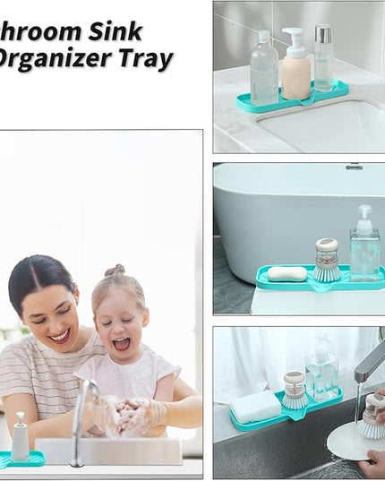 Silicone Bathroom Soap Dishes with Drain Spout-Bathroom and Kitchen Sink Organizer,Sponge Holder,Dish Soap Tray,Perfect for Dispenser,Scrubber,Bottle,Cup on Sink or Counter-Mint 12"×4"