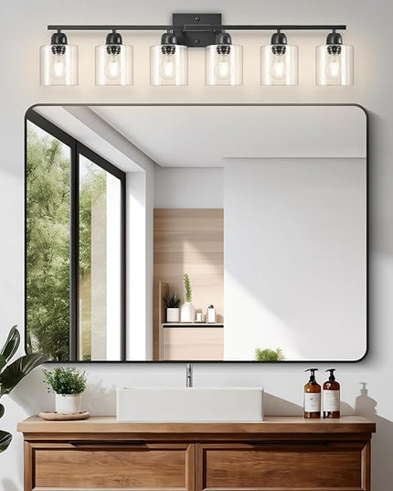 Bath Vanity Lights For Mirror, Restroom Lights Fixtures With Milky White Frosted Glass Shades,Bathroom Over Sink Light Fixtures, Bathroom Light Fixtures Over Mirror (Black with clear glass, 6-Light)